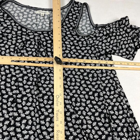 Max Studio Cold Shoulder Floral Top XL Black White Boho Cottagecore Casual Shirt - Picture 7 of 10